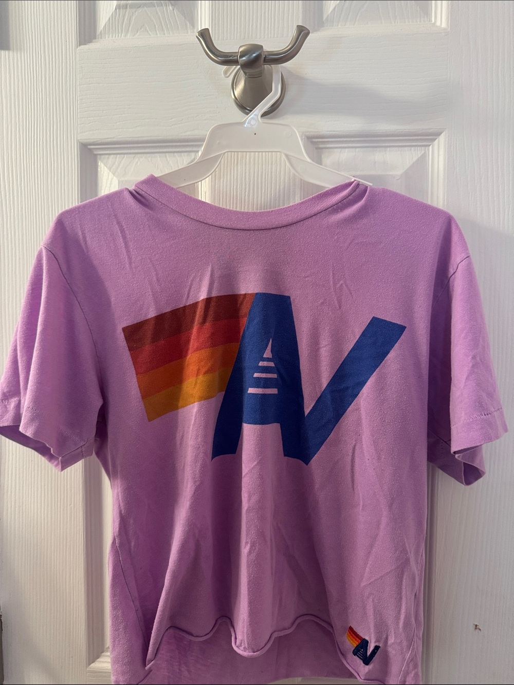 Aviator Nation Lavender Tee with Navy Logo and Rainbow Accent